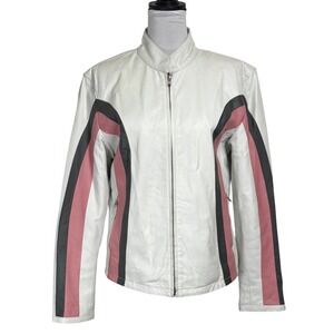 White Striped Leather Moto Jacket Cafe Racer Fitted L Fits M USA Bikers Retro